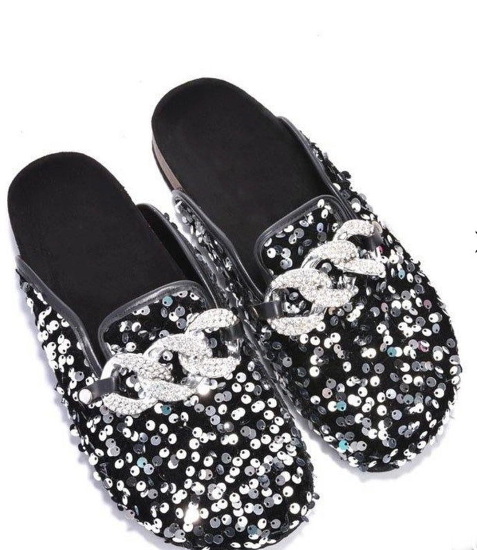 Elsa Sequin Chain Slide flat sandals