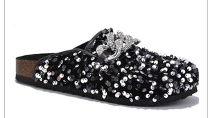 Elsa Sequin Chain Slide flat sandals