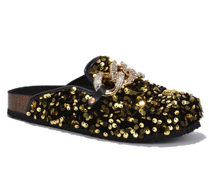 Elsa Sequin Chain Slide flat sandals