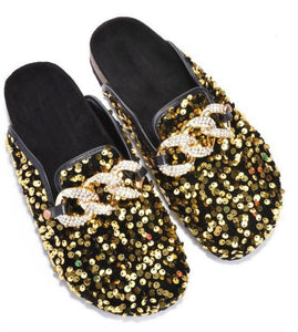 Elsa Sequin Chain Slide flat sandals